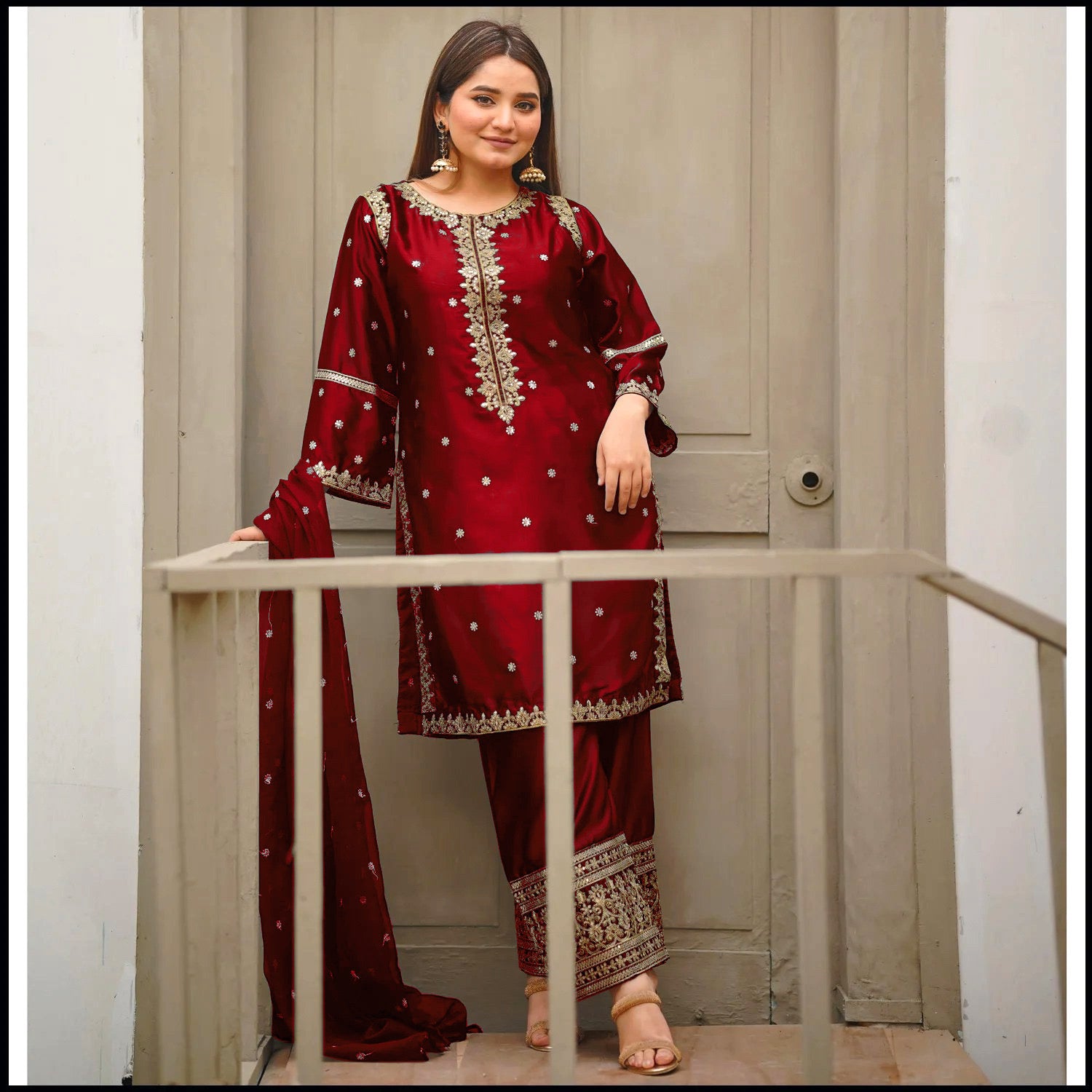 EID 2025 ARRIVAL: Neck,Sleeves Border Sequence Heavy Embroidery With Bottom Seq Emb Trouser 3Pcs