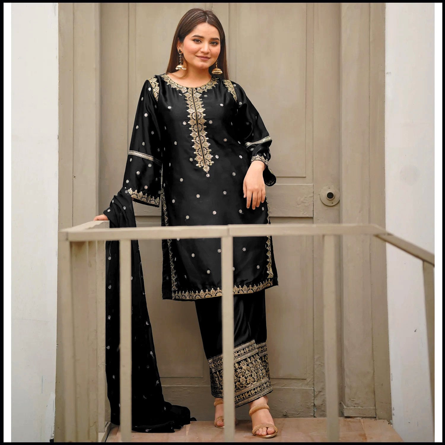 EID 2025 ARRIVAL: Neck,Sleeves Border Sequence Heavy Embroidery With Bottom Seq Emb Trouser 3Pcs